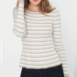 White House Black Market Peplum Sweater Metallic Cream Gold Stripe Top SZ Small